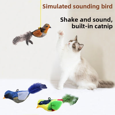 Cat playing with a simulated sounding bird toy with text indicating shake and sound feature and built-in catnip.