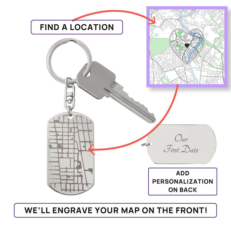 Engraved Dog Tag Keychain with Map